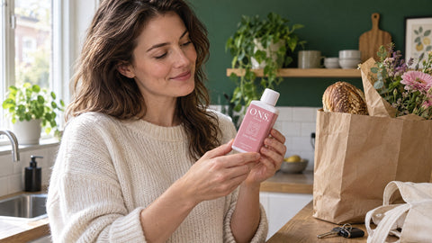 Vrouw bekijkt in de keuken een fles Love Letter van ONS., naast een papieren boodschappentas met brood en bloemen