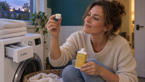 Vrouw houdt bij de wasmachine een gevuld dopje wasparfum tegen het licht, met de fles First Light in haar andere hand