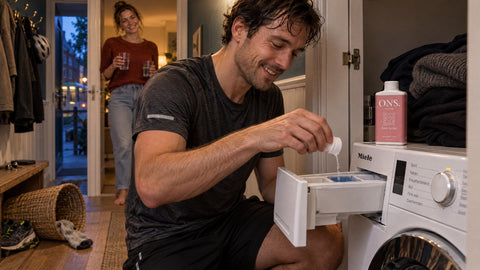 Man giet na het hardlopen een dopje Love Letter van ONS. in de wasmiddellade: wasparfum werkt ook bij koud wassen