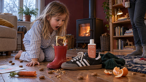 Meisje ontdekt bij de kachel een fles Quiet Ritual van ONS. in een schoen: wasparfum voor sinterklaas