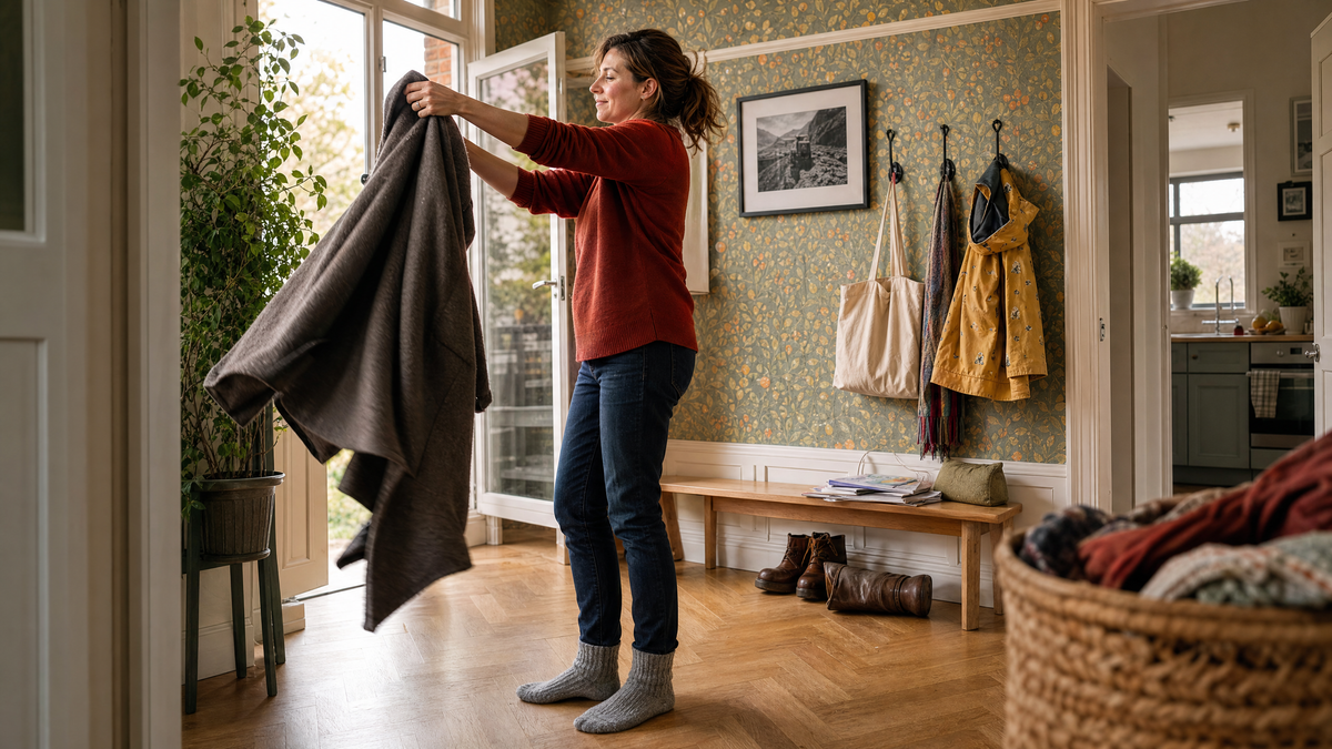 Vrouw luchtt een wollen winterjas bij een open deur in een hal met botanisch behang — muffe geur uit kleding krijgen zonder wasmachine