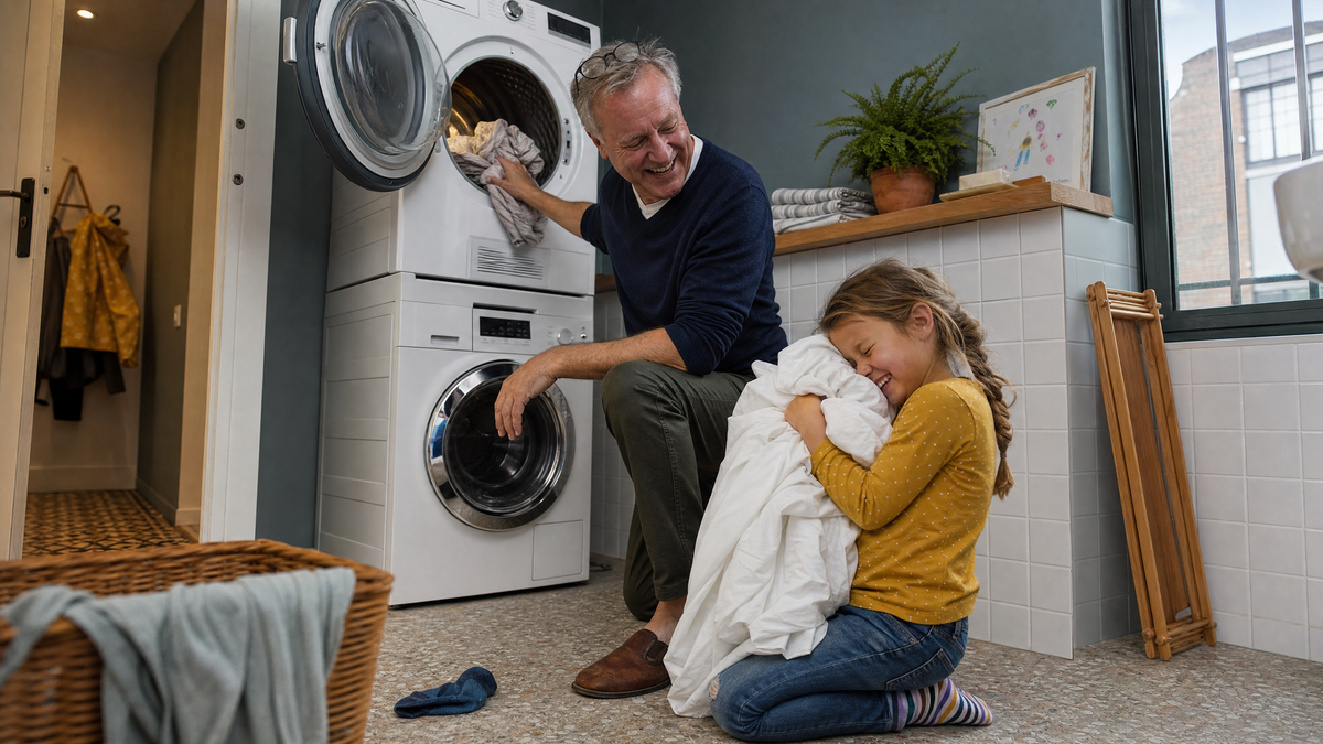 Grootvader haalt warme was uit de droger terwijl zijn kleindochter een warm laken tegen haar gezicht drukt, in een lichte badkamer-wasruimte met blauwe wand