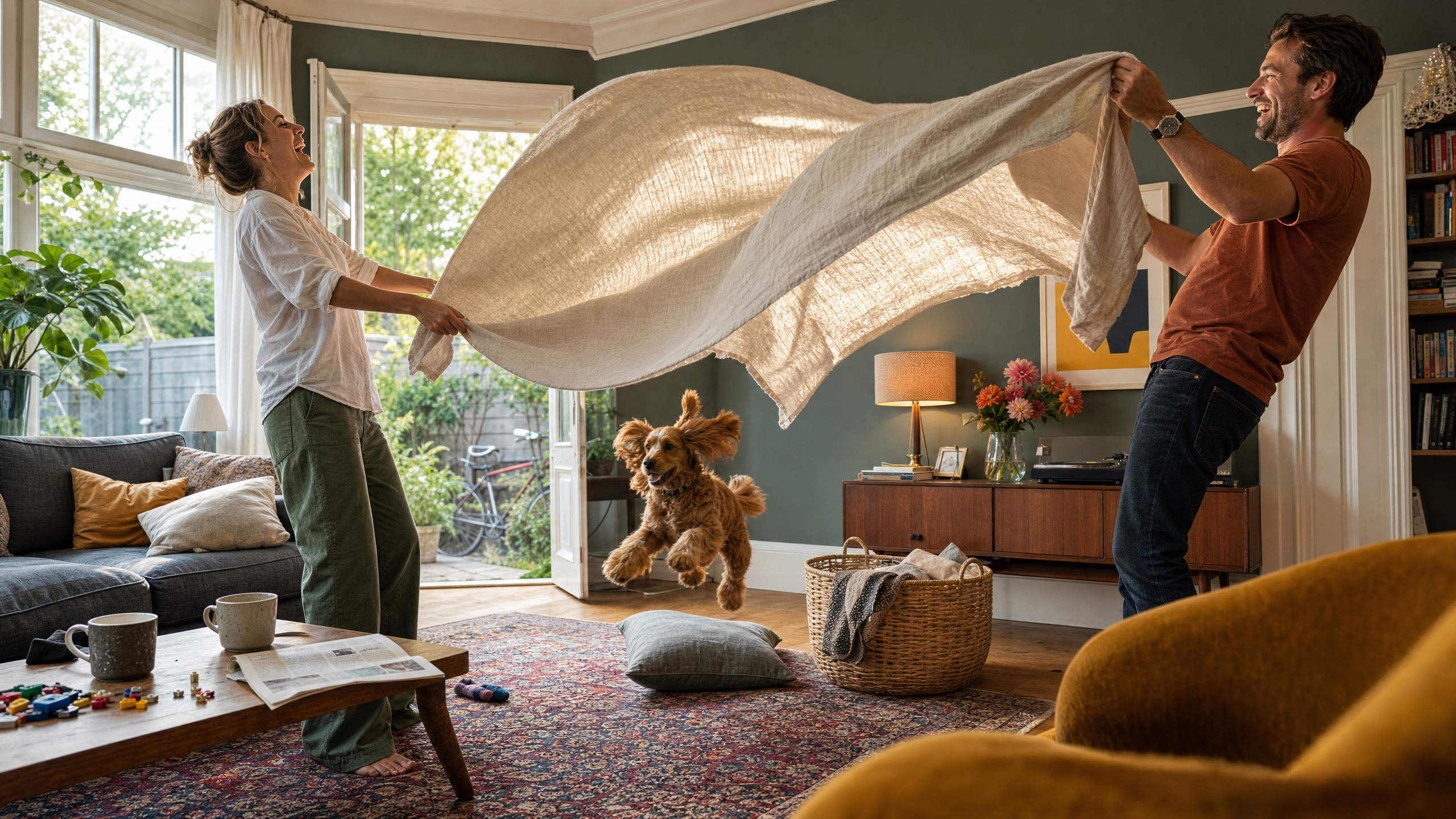 Stel schudt lachend een vers gewassen linnen plaid uit in een woonkamer met groene wanden terwijl hun hond eronderdoor springt, in laag middagzonlicht
