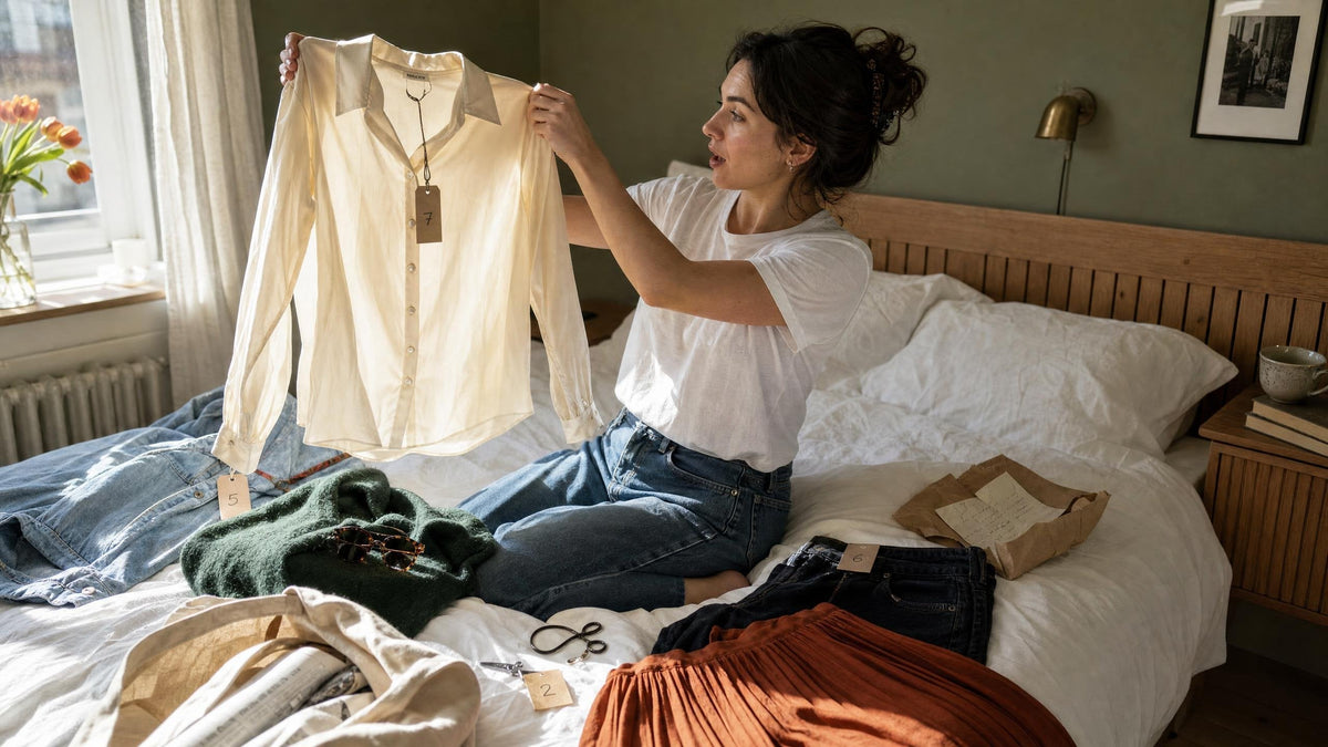 Vrouw houdt op bed een net gekochte zijden blouse met prijskaartje in het ochtendlicht; wat doet geur met je begint bij de kleding die je aantrekt