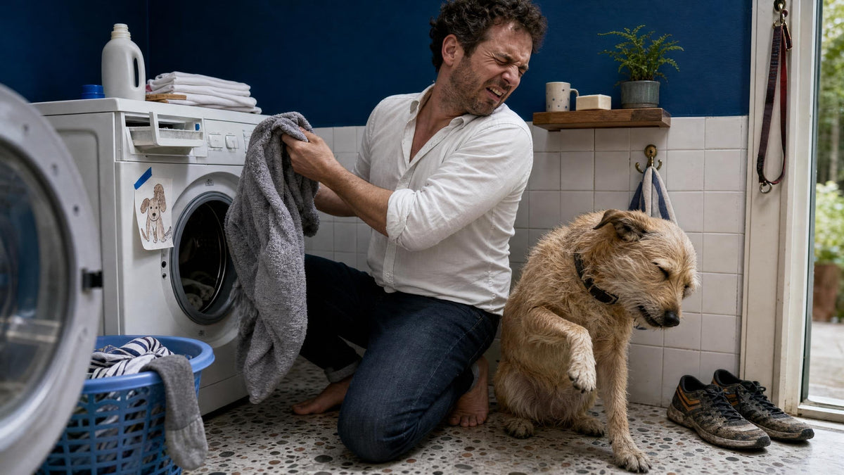 Man trekt met een vies gezicht een muffe handdoek uit de wasmachine terwijl zijn hond wegkijkt; ziek worden van vieze geuren begint vaak bij een natte was die te lang bleef liggen