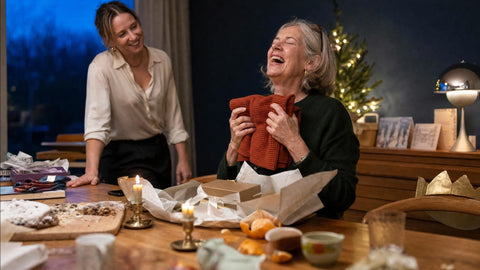 Oma drukt lachend een net uitgepakte wafelhanddoek tegen zich aan aan de kersttafel: wasparfum als kerstcadeau