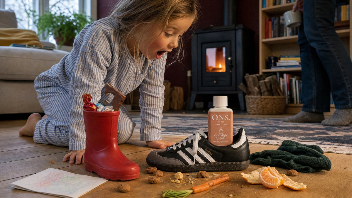 Meisje in pyjama ontdekt de ochtend na het schoen zetten een fles wasparfum in een zwarte Adidas Samba bij de houtkachel, pepernoten en mandarijn op de vloer — wasparfum voor sinterklaas