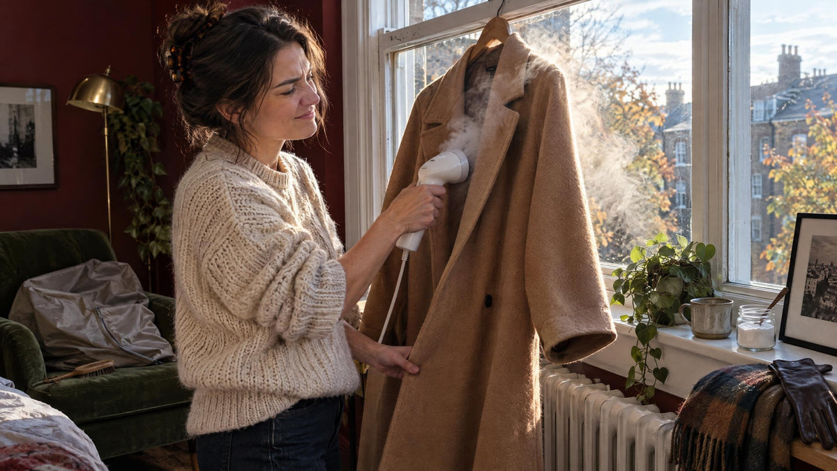 Vrouw stoomt bij het open raam een wollen jas die muf ruikt: muffe geur uit kleding halen zonder wasmachine