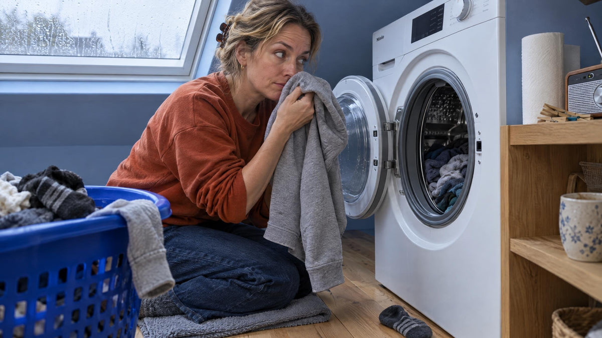 Vrouw ruikt twijfelend aan een net gewassen hoodie bij de open wasmachine: je was ruikt niet fris na wassen