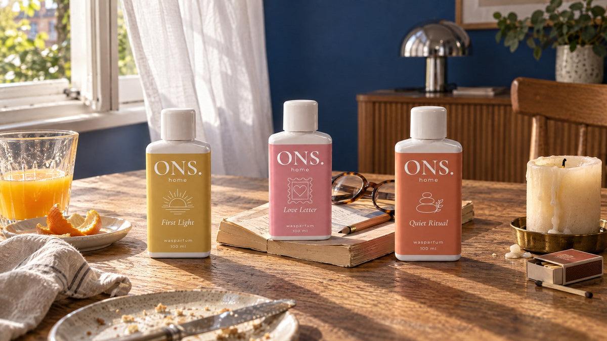 Drie flessen wasparfum van ONS. op een zonnige keukentafel: de beste wasparfum is de geur die bij jou past