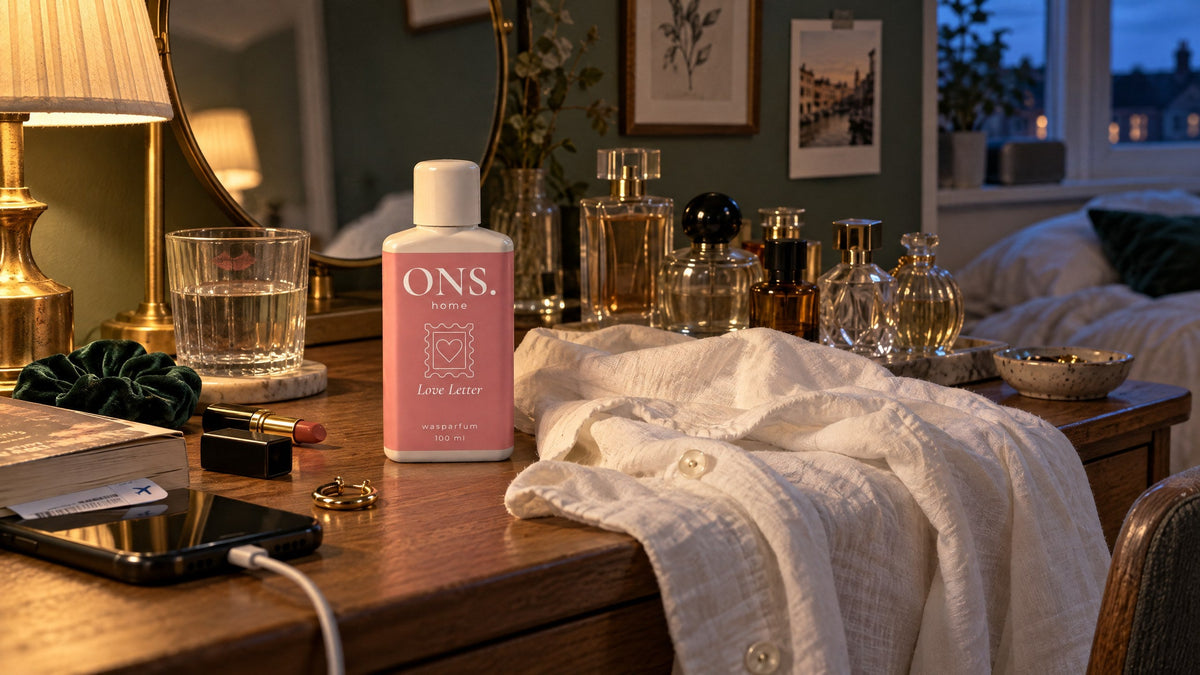 Fles Love Letter van ONS. vooraan op een kaptafel tussen parfumflesjes: een eigen wasgeur in plaats van een dupe wasparfum