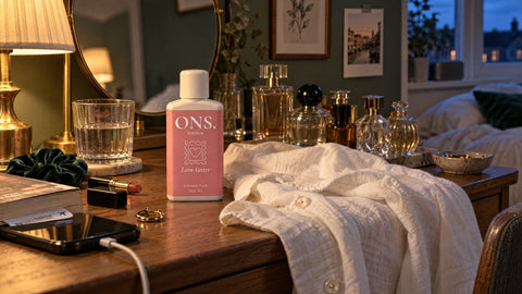 Fles Love Letter van ONS. vooraan op een kaptafel tussen parfumflesjes: een eigen wasgeur in plaats van een dupe wasparfum