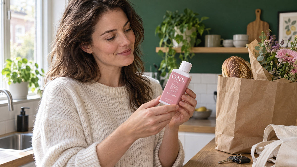 Vrouw bekijkt in de keuken een fles Love Letter van ONS., naast een papieren boodschappentas met brood en bloemen
