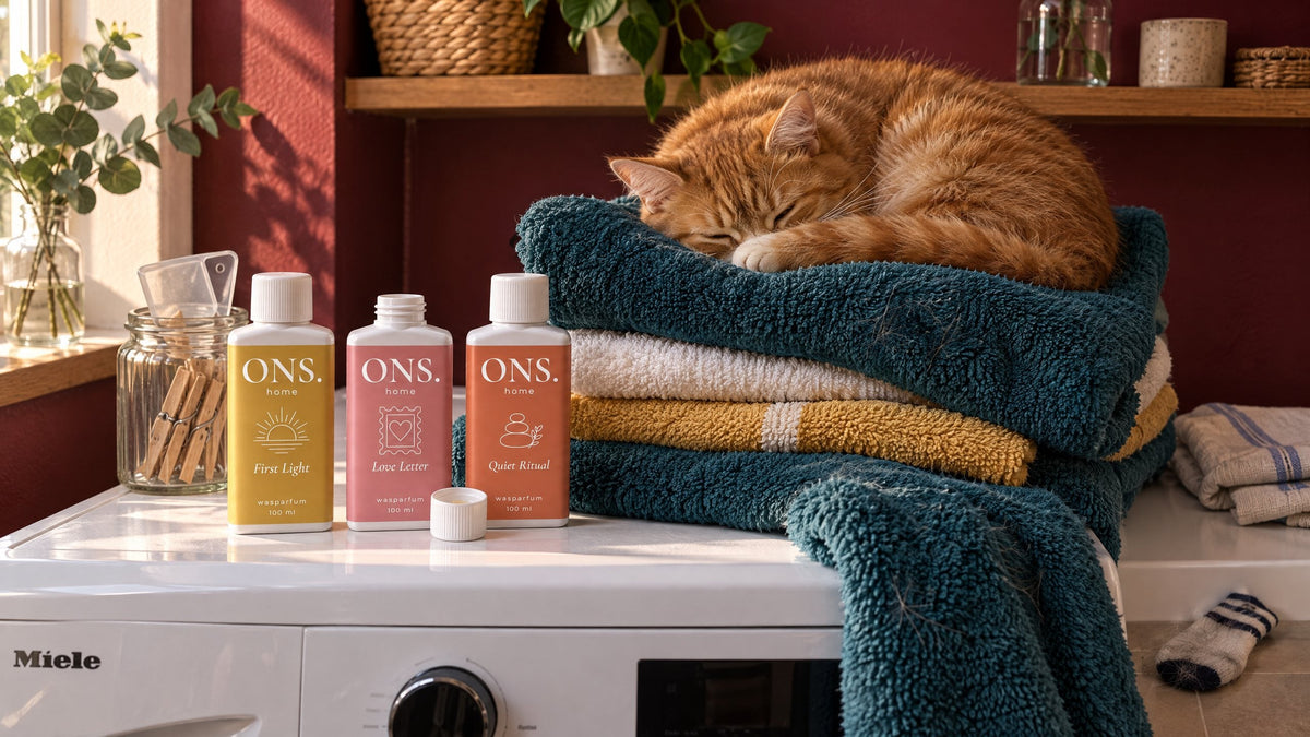 Kat slaapt op zachte handdoeken naast de drie flessen wasparfum van ONS.: een Lenor alternatief zonder geurkorrels