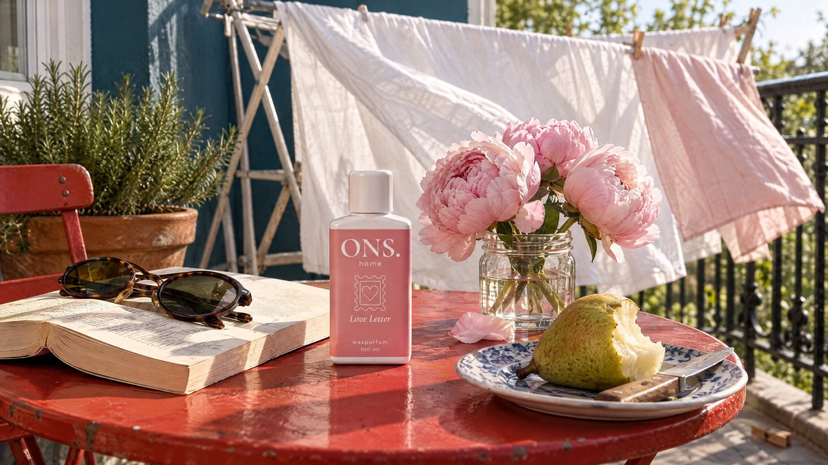 Fles Love Letter van ONS. op een balkontafel met peer en pioenrozen: een Robijn wasparfum alternatief