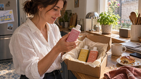 Vrouw bekijkt in haar Gentse keuken een net bezorgde fles van ONS.: wasparfum kopen in België