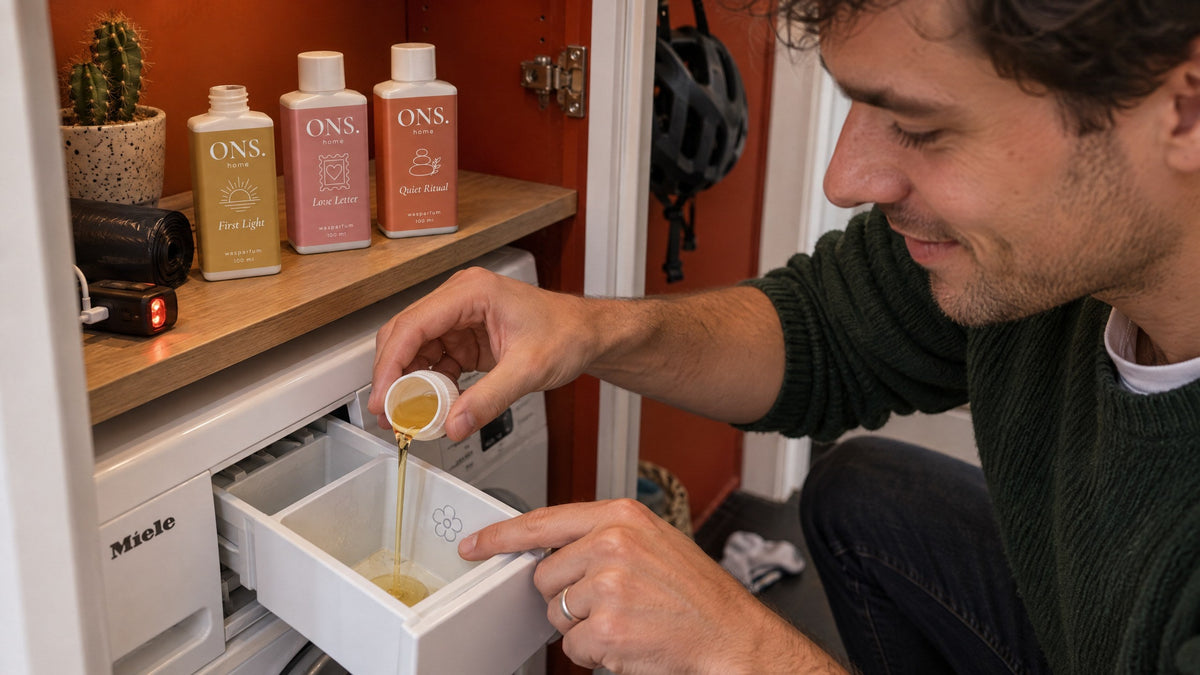 Man giet een dopje in het vakje met het bloemetje, drie flessen van ONS. op de plank: in welk bakje moet wasparfum?