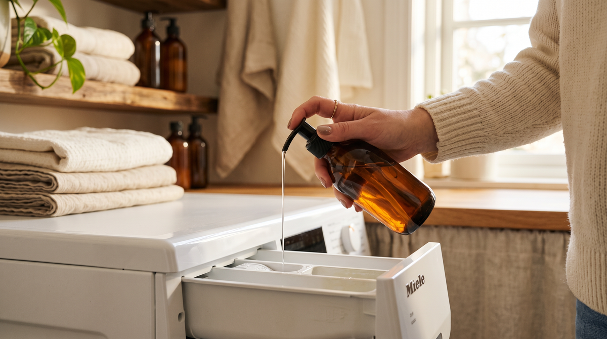 Hand doseert wasparfum uit een amberkleurig pompflesje in het wasverzachterbakje van de wasmiddellade
