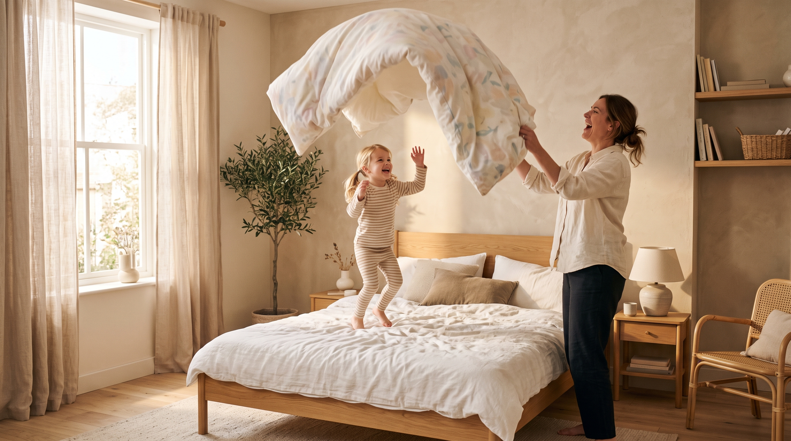 Moeder gooit een vers dekbed uit terwijl haar dochter juichend op het bed springt in een lichte slaapkamer