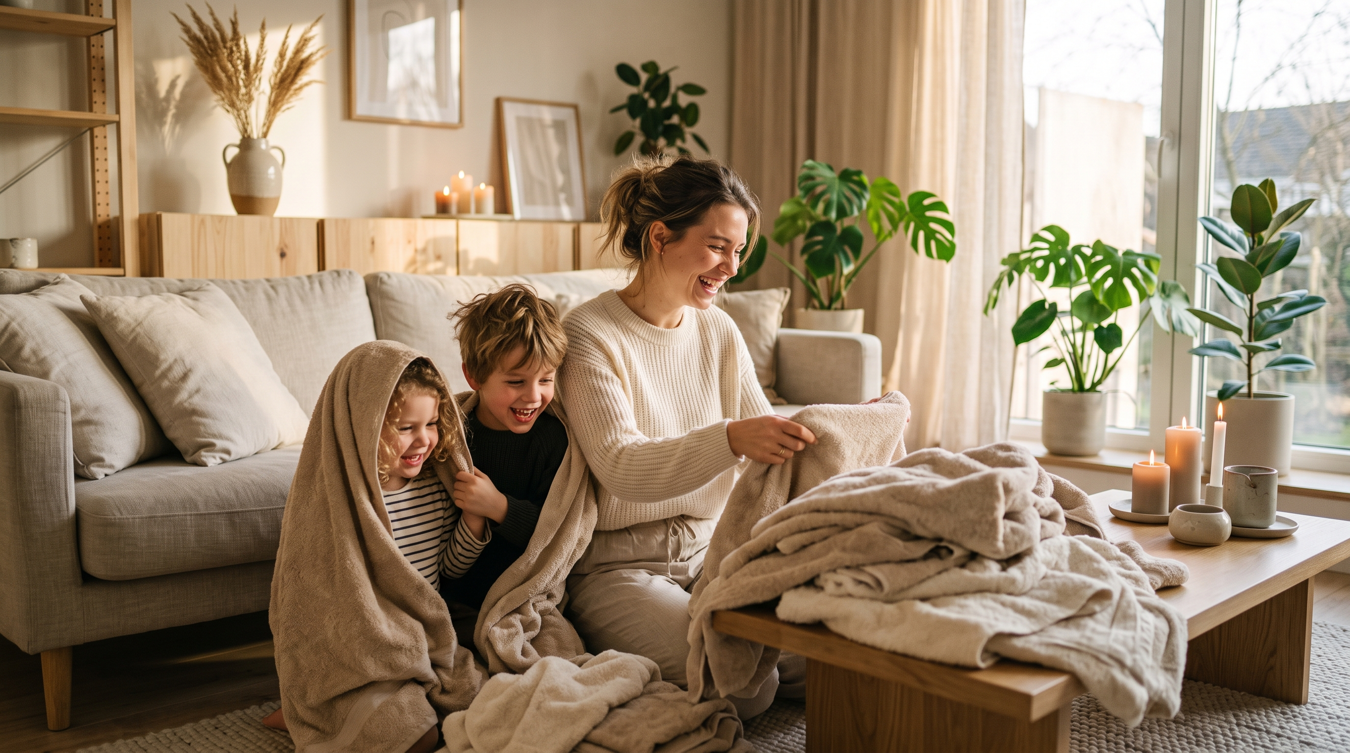 Moeder lacht terwijl haar kinderen spelen met een stapel verse handdoeken in een lichte, warme woonkamer