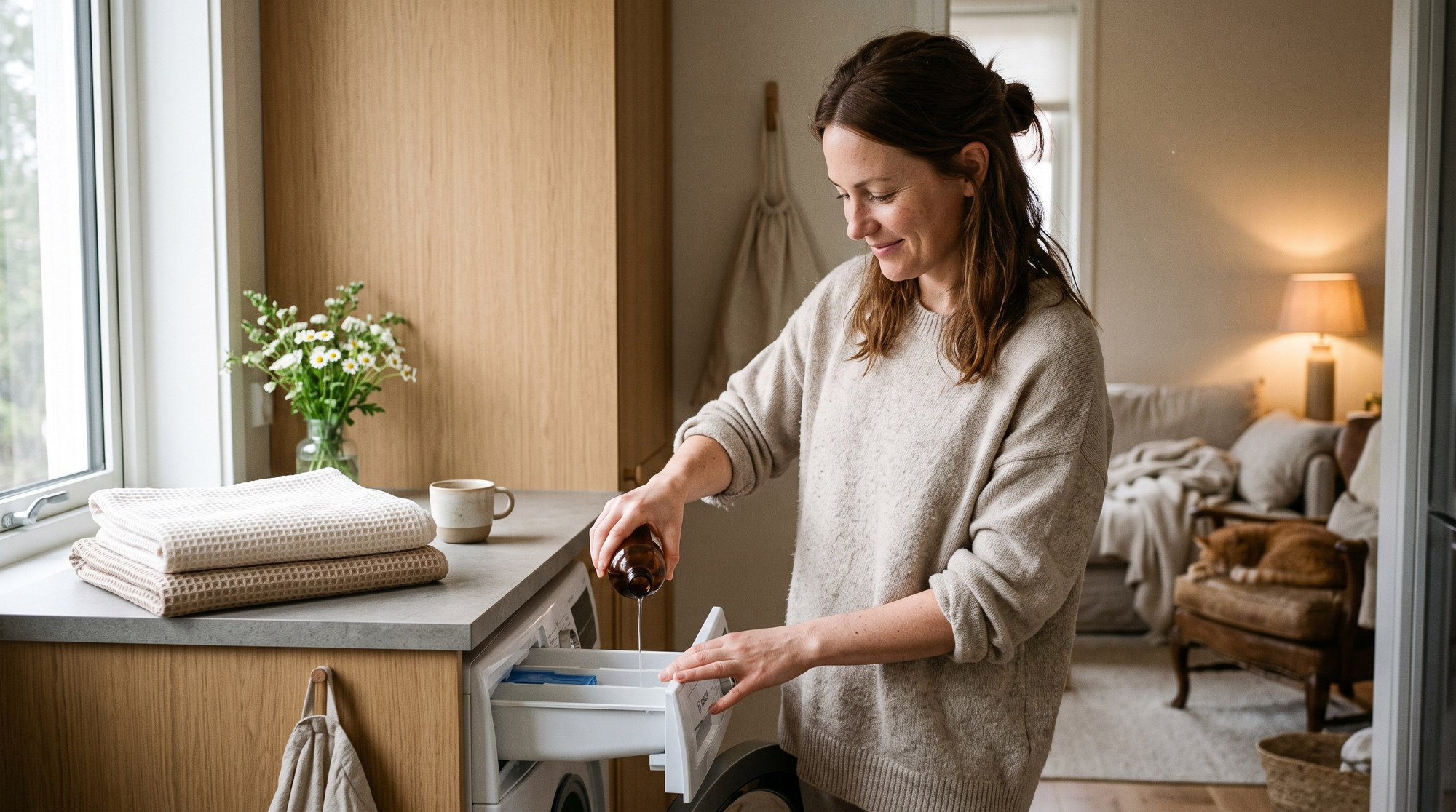 Vrouw giet wasparfum in het wasmiddelbakje van de wasmachine in een warme, lichte wasruimte met koffie en verse bloemen
