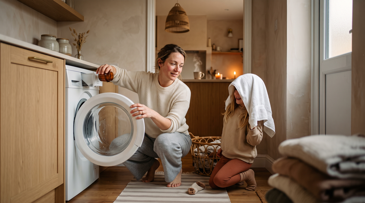 Vrouw doseert vloeibare wasparfum bij een open wasmachine terwijl haar dochter met een handdoek speelt