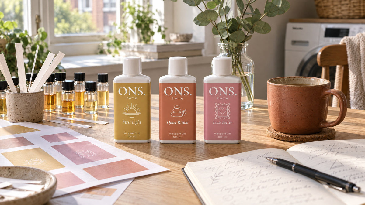 Werktafel met flesjes wasparfum van ONS Home