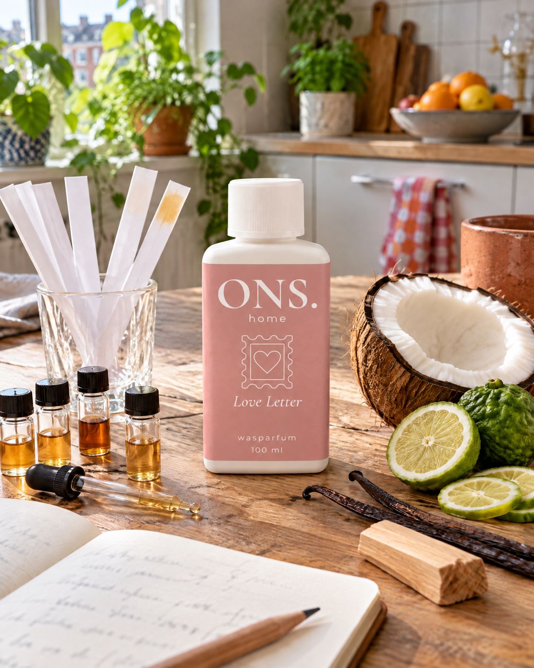 Fles Love Letter op de keukentafel tussen geurstrips, proefflesjes, kokos, vanille en bergamot